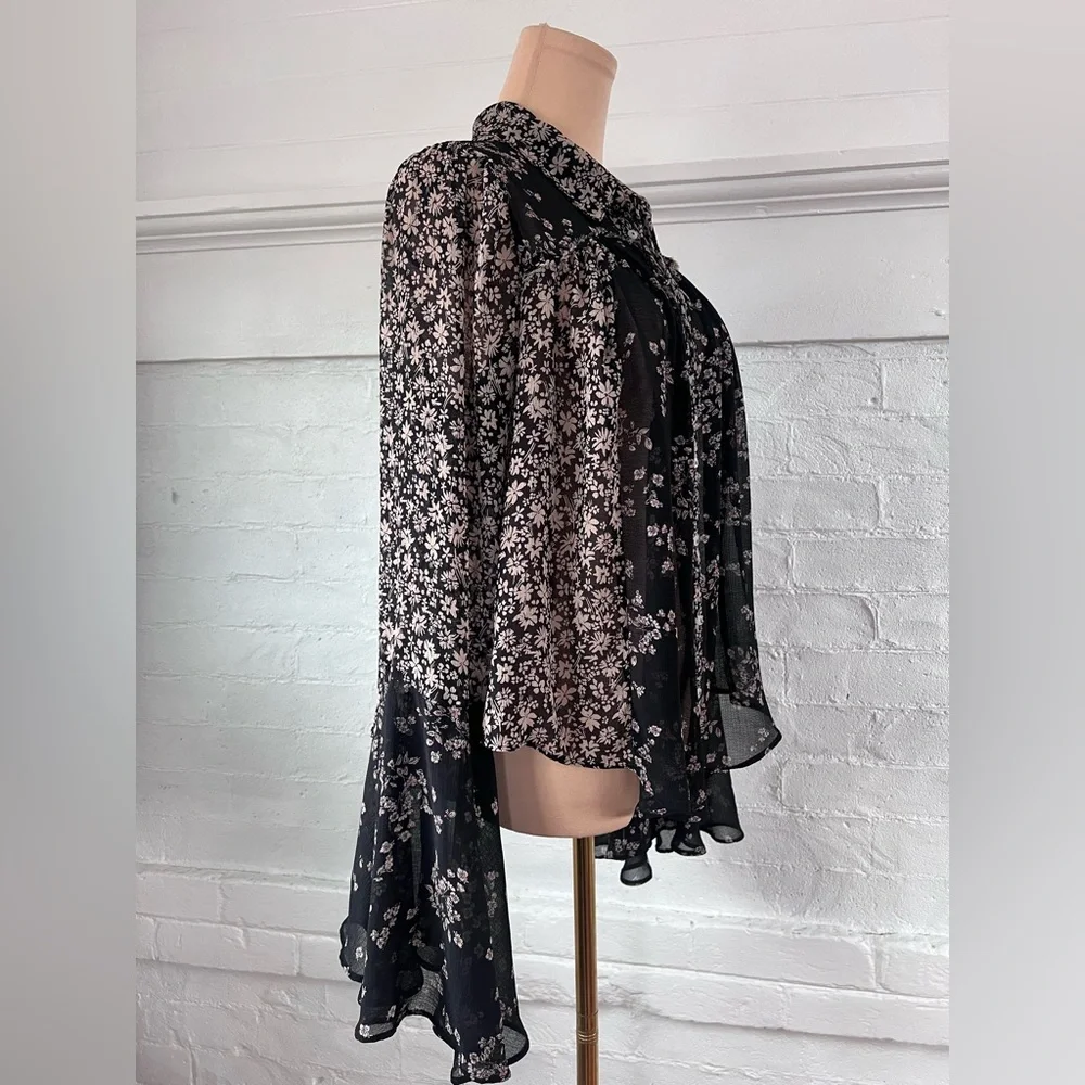 FreePeople Serena Black Floral Blouse Sheer Button Up Ditzy Cottage Witch Size M - Picture 5 of 16